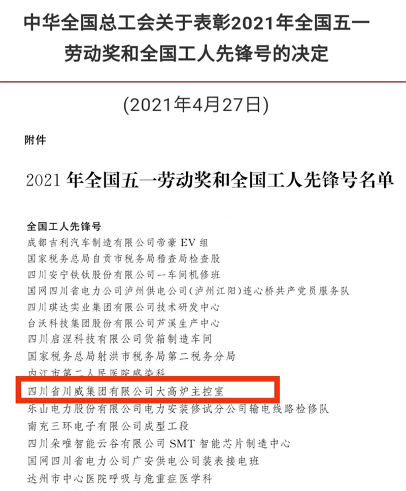 川威钒钛科技大高炉主控室荣获全国工人先锋号(图1)